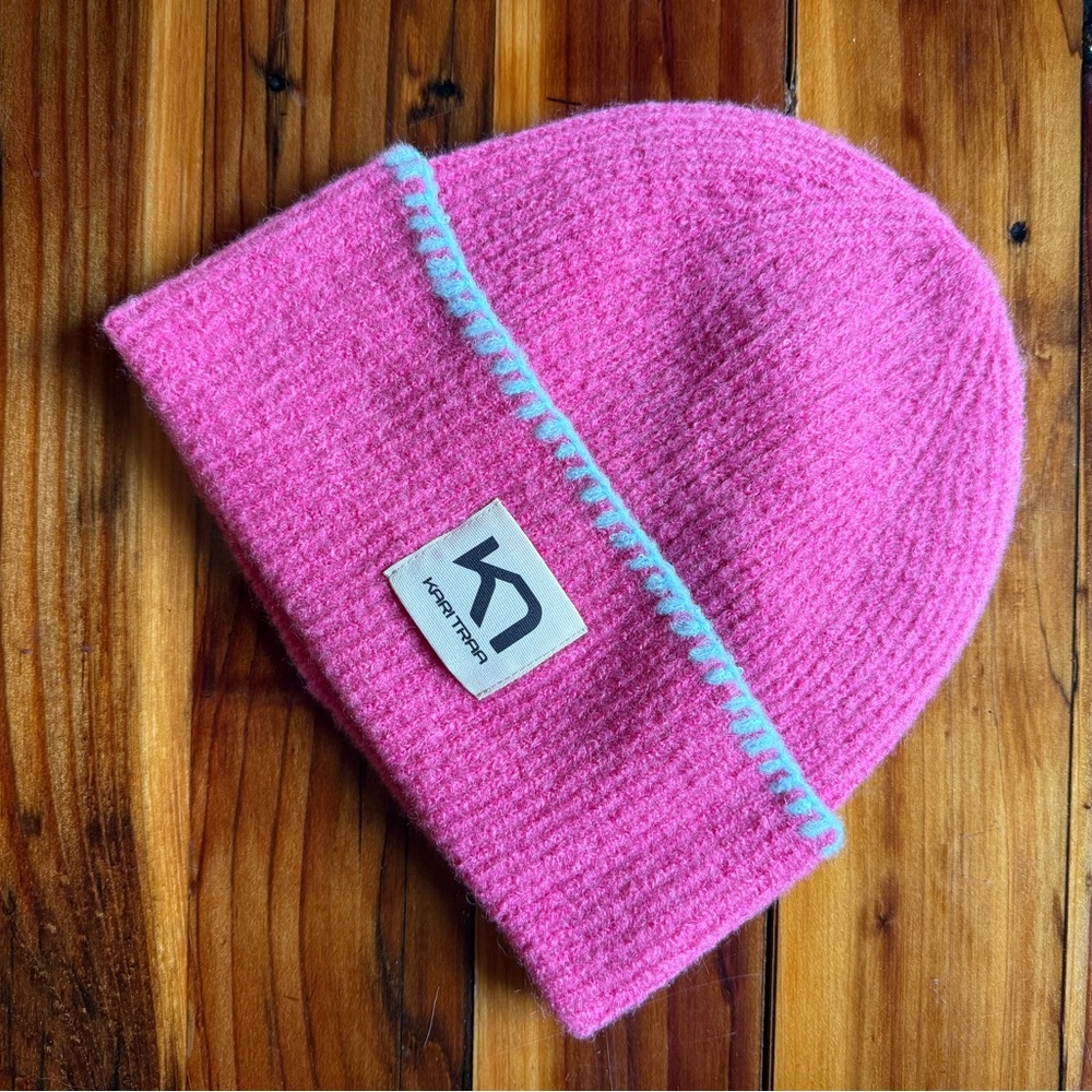 Kari Traa Wool Blend Rothe Beanie, Pink with Baby Blue Blanket Stitch Trim, NWOT